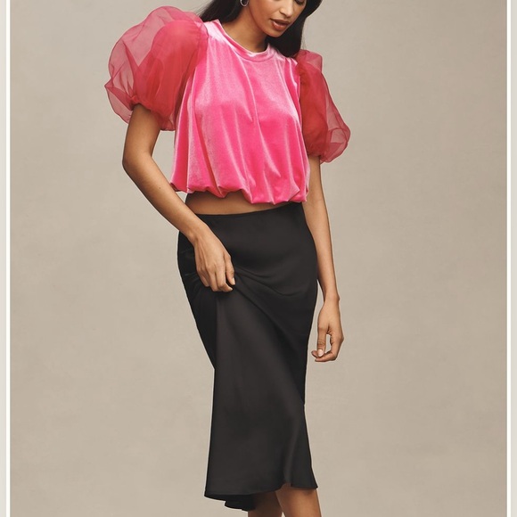 Anthropologie Puff-Sleeve Velvet Blouse by Maeve Pink Size Medium NEW - Picture 9 of 12